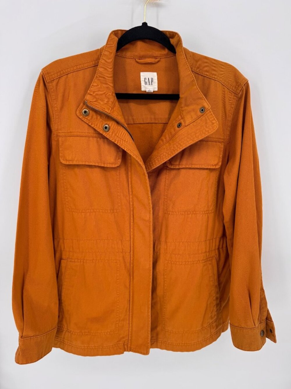 Gap Womens Rust Orange Core Utility Jacket Snap Pockets Drawstring Waist Size L